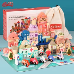 115pcs Wooden Building Blocks Children City Vehicle Hospital Cognition English Learning Toys Construction Educational Toys Kids