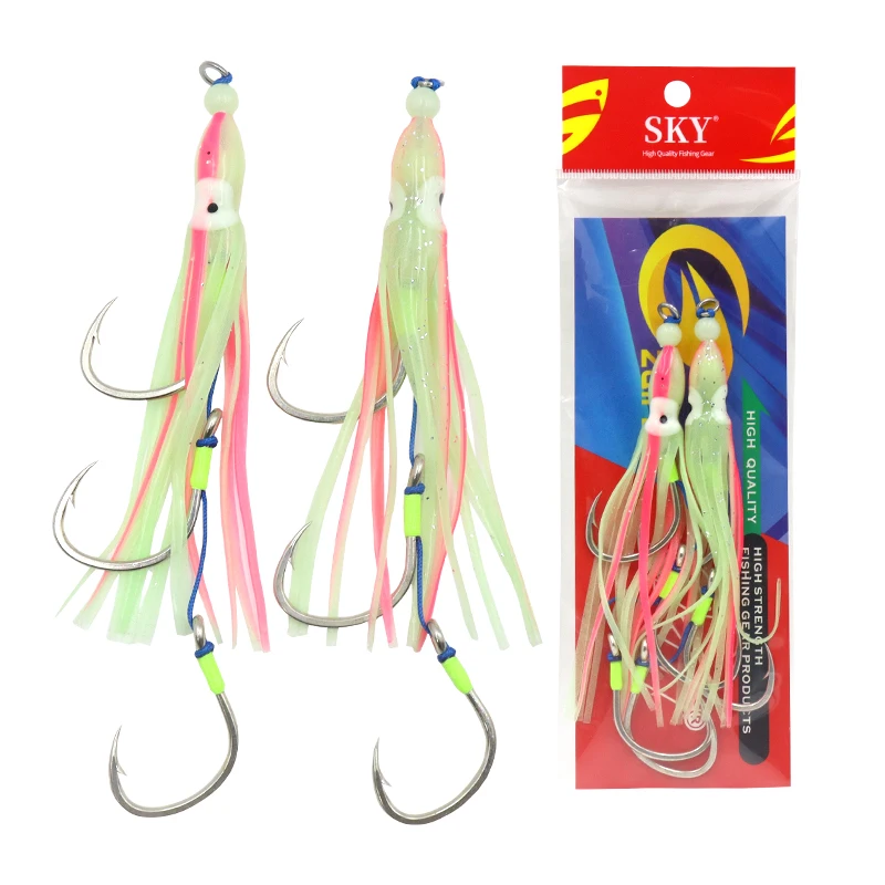 Sea Fishing Hooks 2pcs/Bag Fishhooks with Luminous Octopus Soft Bait Saltwater Tuna Striped Bass Sabiki Hook Tackle