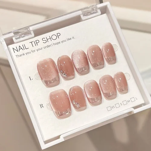 10 Uds. De uñas postizas de ojo de gato brillantes hechas a mano, cubierta completa, uñas postizas de bailarina francesa cortas artificiales con pegamento, manicura usable