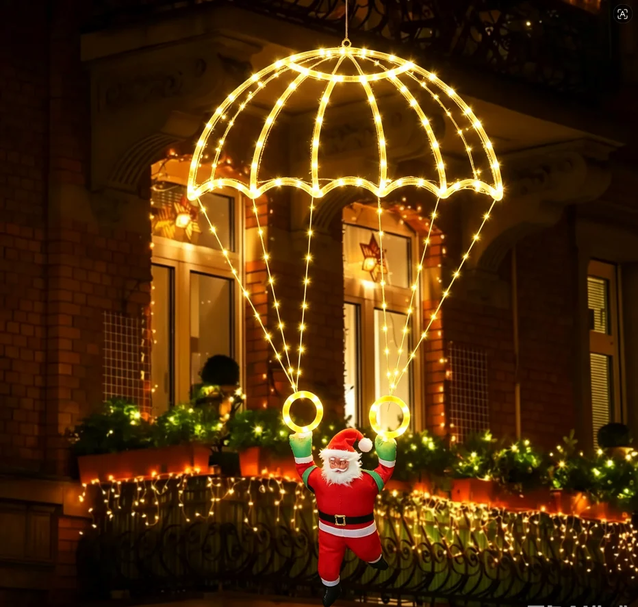 Hanging Santa Parachute Christmas Lights USB Powered Warm Fairy Canopy With Figure For Window Eaves Garden And Yard Decor