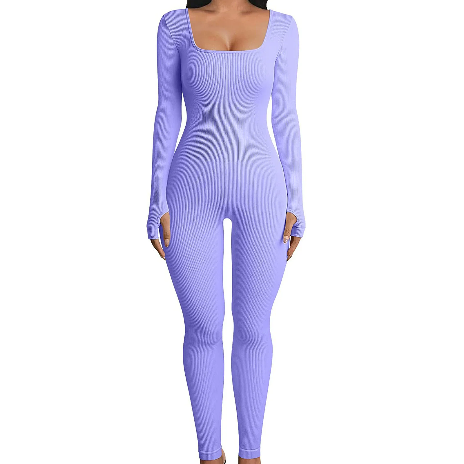 Einfarbiger, gerippter Yoga-Overall, nahtloser, schmal geschnittener, langärmliger Sport-Body, Activewear für Damen – Detail 3