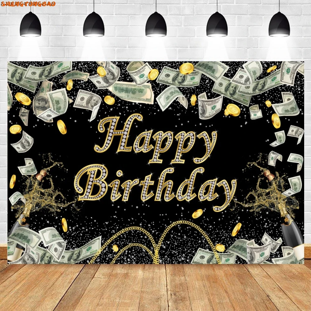 

Happy Birthday Backdrop Money Cash Beer Adult Kids Birthday Party Custom Name Photography Background Cake Table Decor Banner