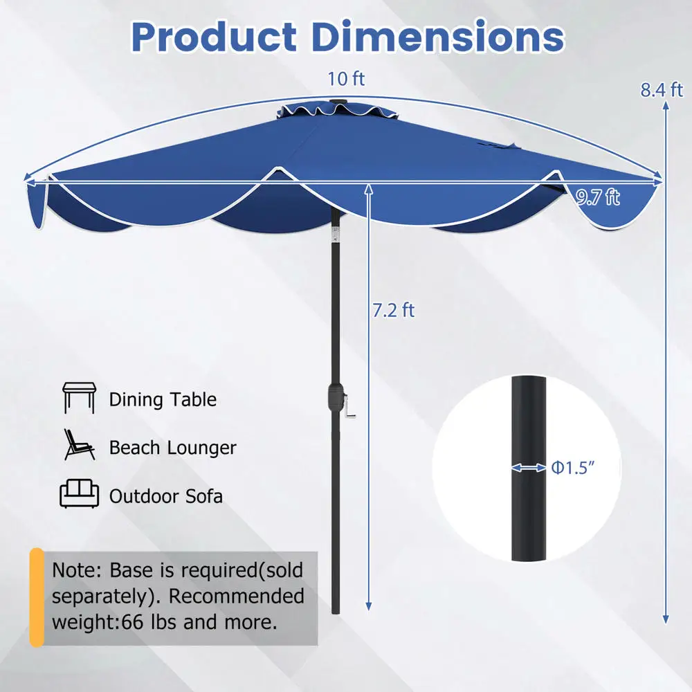 10 Ft Scalloped Solar Patio Umbrella With 24 Led Lights, Metal Rib Market Umbrella With Crank And Tilt, Outdoor Sun Shade For Deck, Poolside And Cafe, Navy Blue