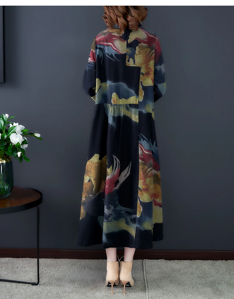 2023 Autumn/Winter New Silk Vintage Print Long Sleeve Coat Coat Women's Polo Neck Loose Size Knee Length Dress Windbreaker Robe