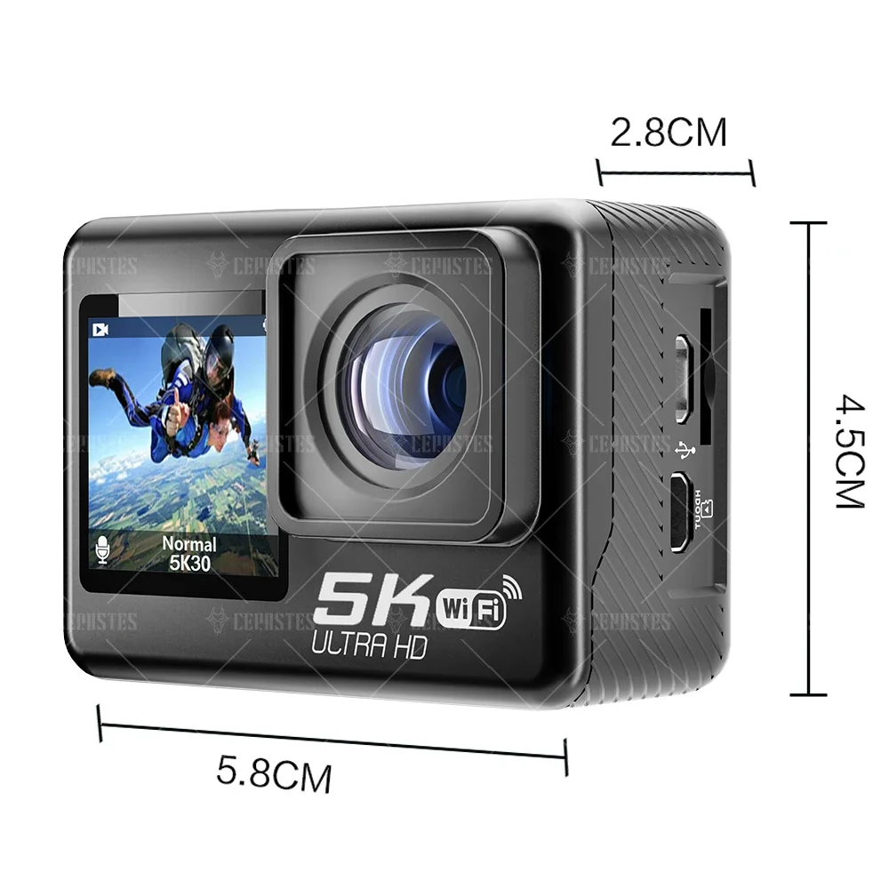 CERASTES Action Camera 5K 4K 60FPS WiFi Anti-shake Dual Screen 170° Wide Angle 30m Waterproof Sport Camera with Remote Control