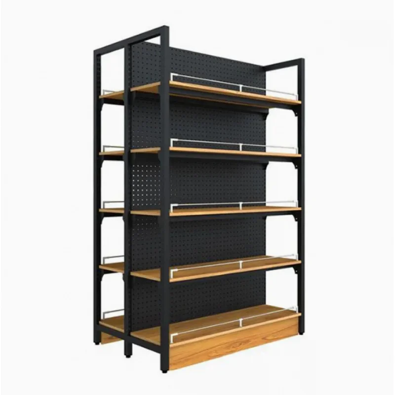 حامل عرض جداري معدني من جانب واحد مخصص رف سوبر ماركت من الخشب والفولاذ