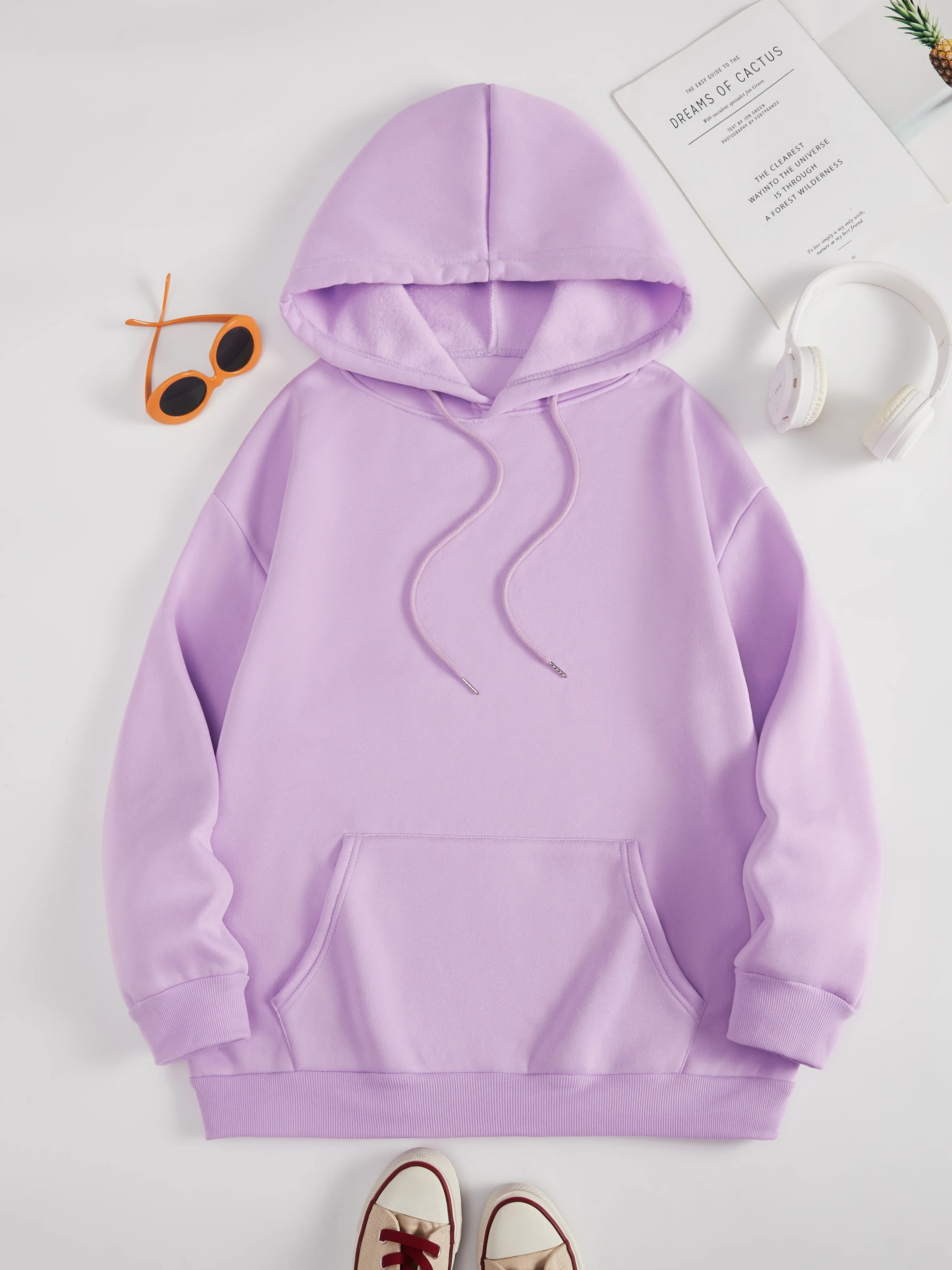 Plus Size Simple Solid Color Hoodie Casual Kangaroo Pocket Drawstring Long Sleeve Hooded Sweatshirt Women\'s Plus Size Clothing