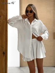 Mnealways18 White Satin Shorts Sets Two Pieces Thin Women Outfits Homewear 2024 Turn Down Collar Shirts And Wide Leg Shorts Suit