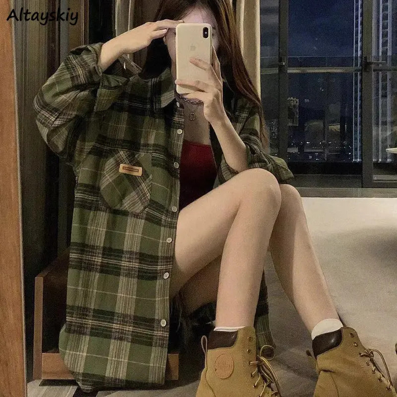 Новое поступление, зеленые клетчатые рубашки, женские студенческие повседневные свободные ленивые стильные универсальные уличные модные простые шикарные рубашки в стиле Харадзюку с карманами