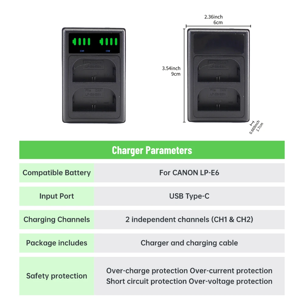 PUJIMAX LP-E6 LP-E6 E6N LCD Dual-slot charger with for Canon EOS 5DS R 5D Mark II 5D Mark III 6D 7D 80D EOS 5DS R Camera view 5