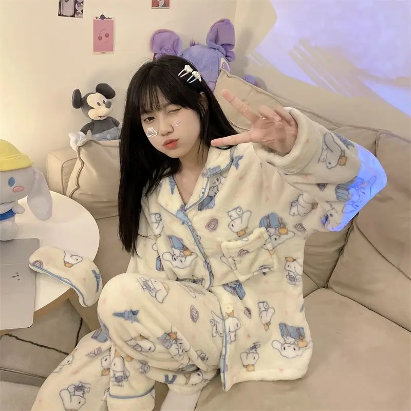 بيجامات سينامورول للفتيات للخريف والشتاء سميكة من الفلانيل المرجاني المخملي بدلة شتوية للطالبات ملابس منزلية ناعمة لطيفة