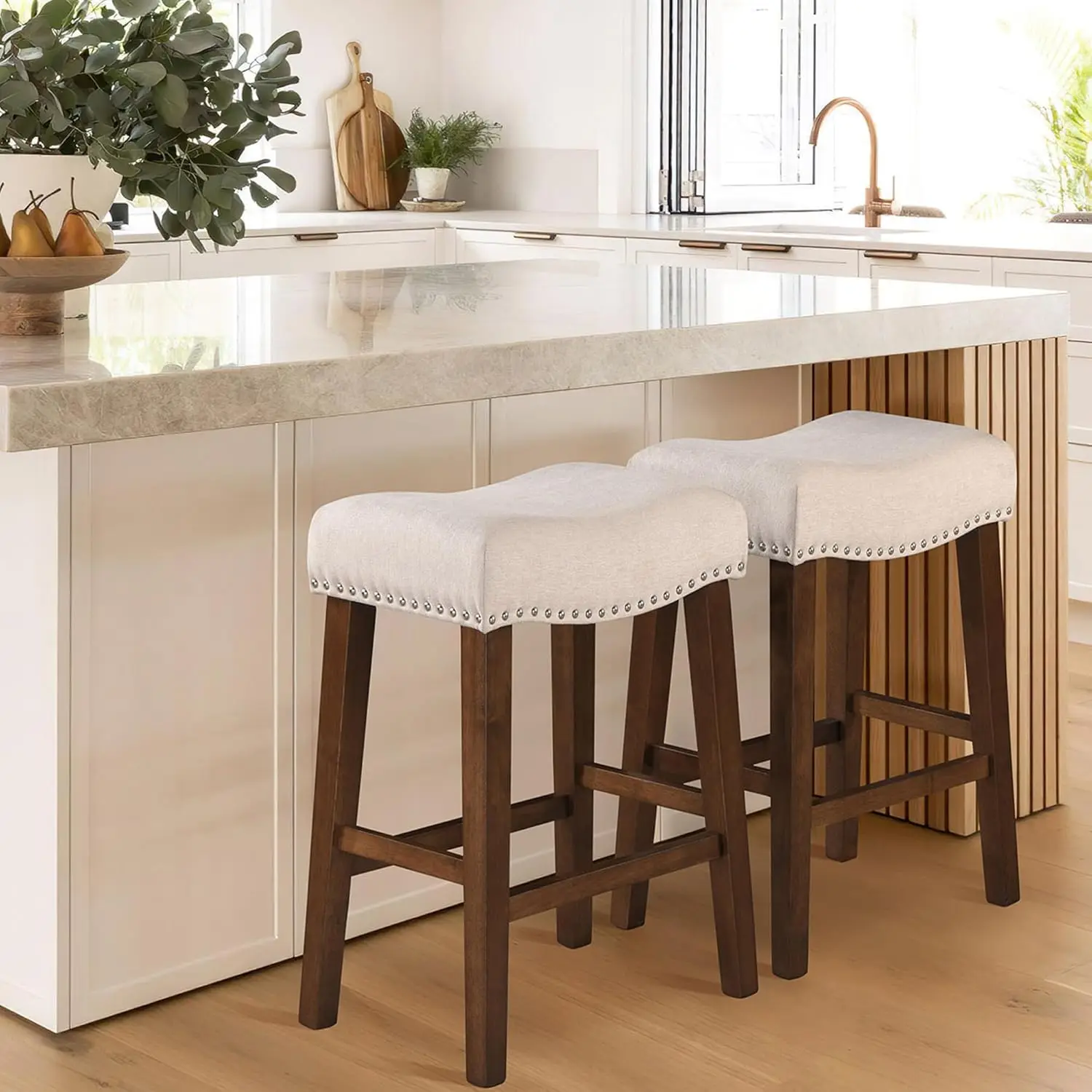 

Modern Backless Kitchen Island Saddle Barstools Chairs with Footrest,Solid Wood Legs&Nailhead Trim Linen Fabric Cushion,Set of 4
