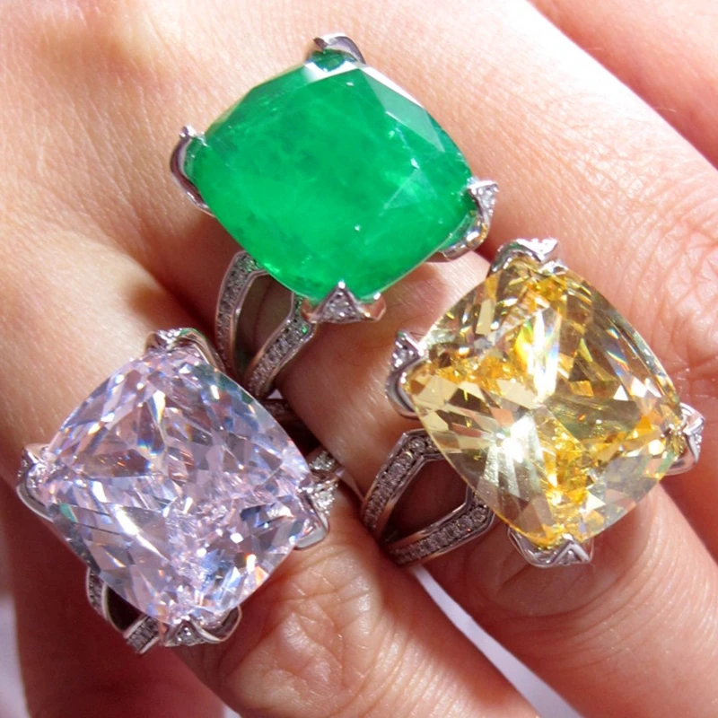 KQDANCE Real 925 Silver Cushion Cut High Carbon Diamond Lab Green Emerald Ring with pink Yellow Pink Stone Fine Jewelry Woman