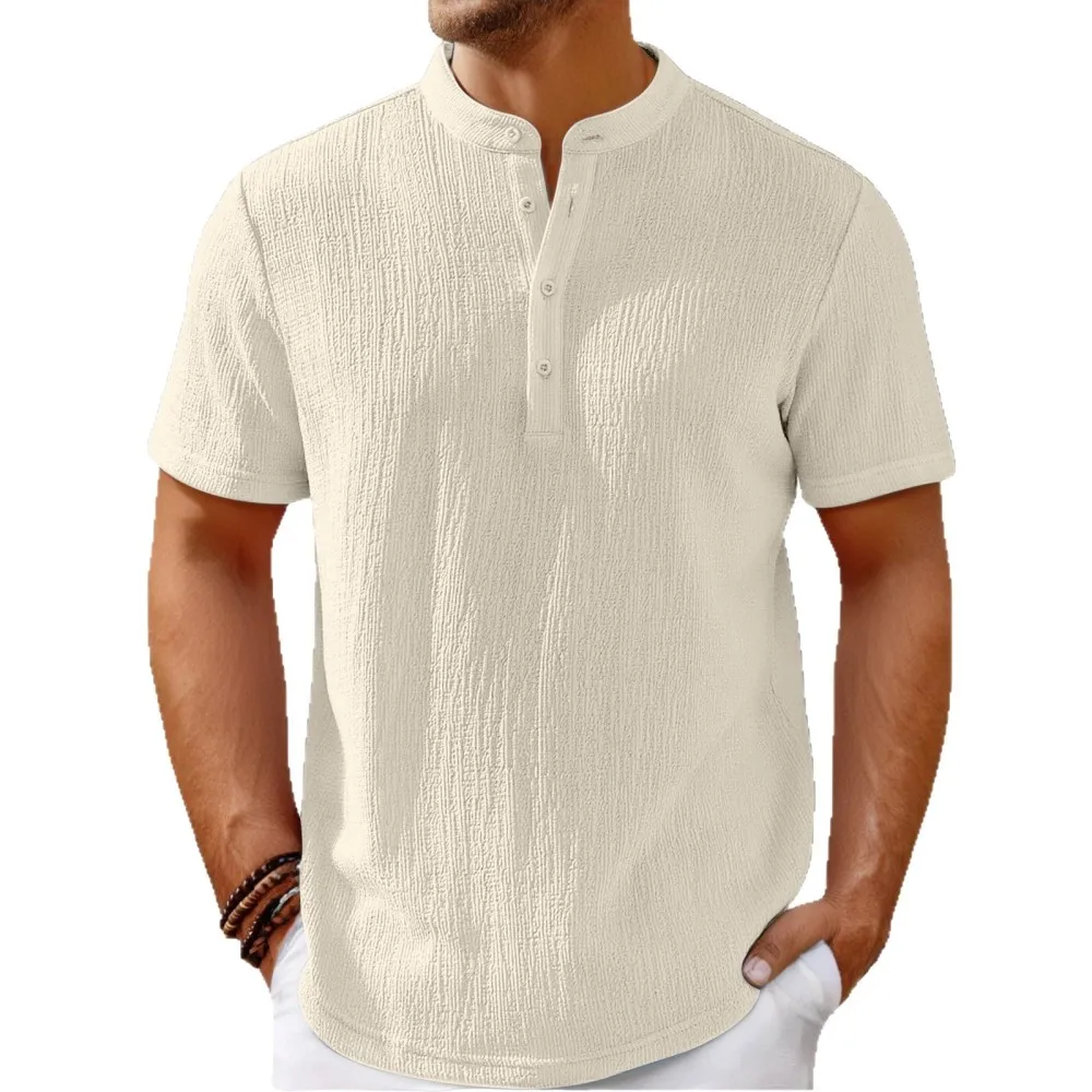 Mens Summer Striped Henley Shirt Casual Loose Cotton Blend Basic Pullover Vintage Short Sleeve Breathable Fashionable Top