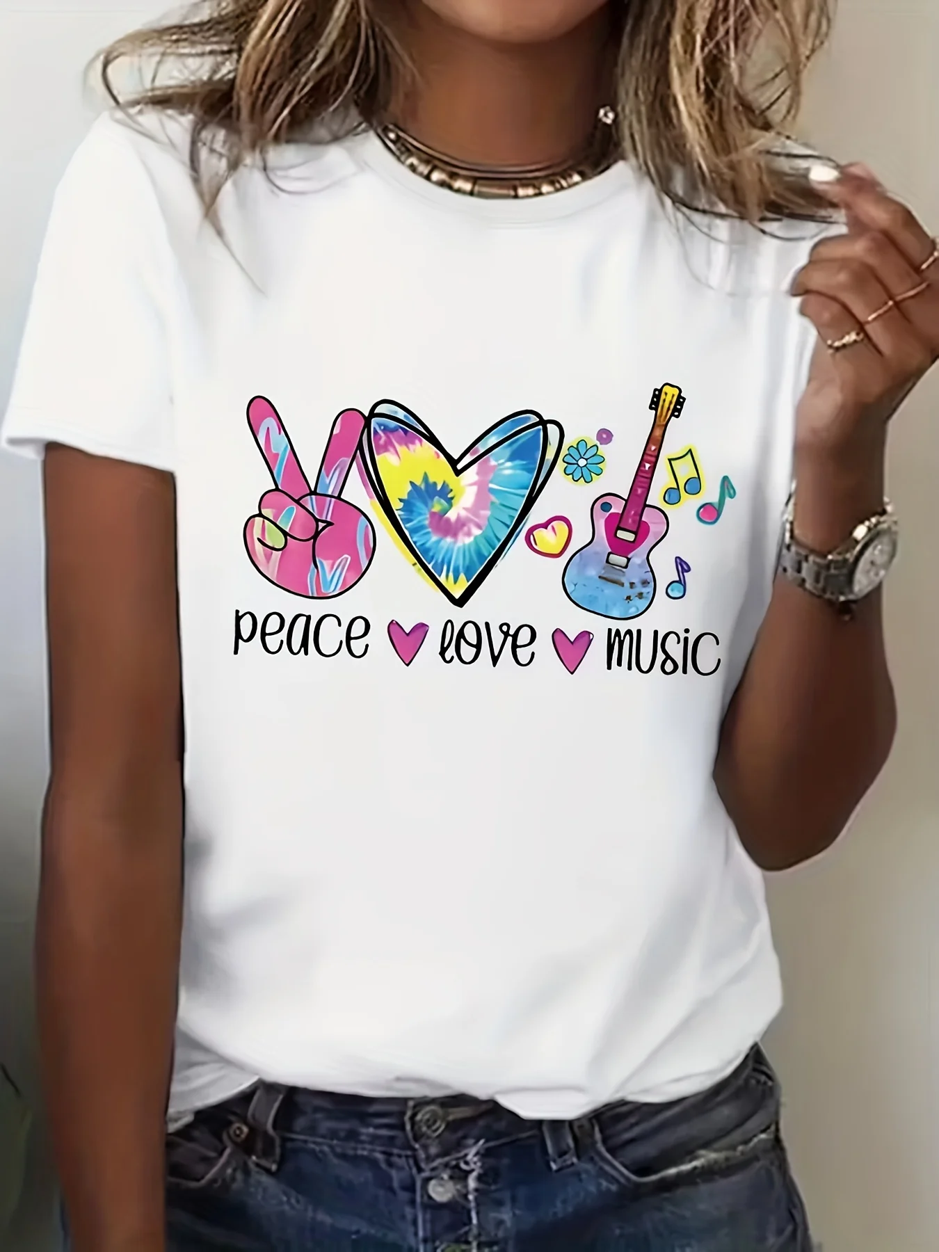 Peace Love Music T Shirt Women Colorful Tie Dye Heart Guitar Note Print Short Sleeve Top Trendy Tee Floral Daily Streetwear