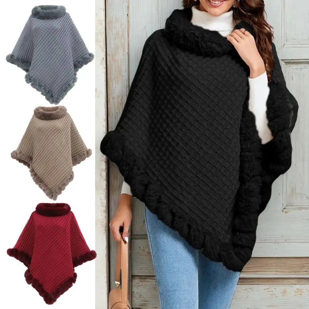

Зимняя теплая шаль с воротником из искусственного меха, нерегулярный этнический стиль, плюшевые вязаные накидки, шаль с имитацией кашемира, кисточка, монгольское пончо