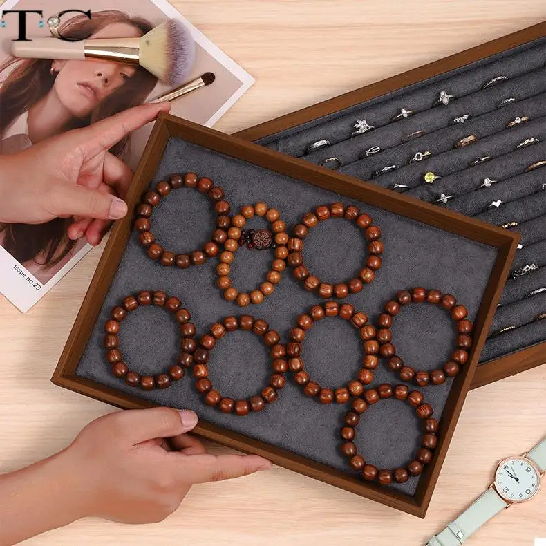 Ring Earring Necklace Jewelry Organizer Tray Wood Frame Jewelry Display Tray Home Decoration Storage Box 36.5*25.5Cm