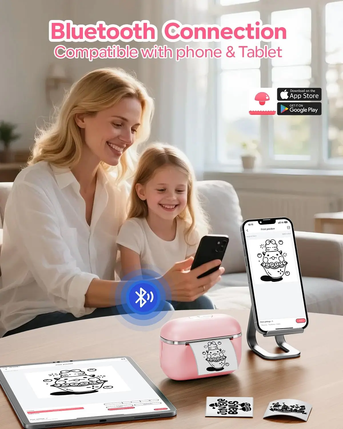 T02E Sticker Printer Inkless Bluetooth Thermal Sticker Maker Mini Pocket Printer Instant Print for Study School Notes Pictures