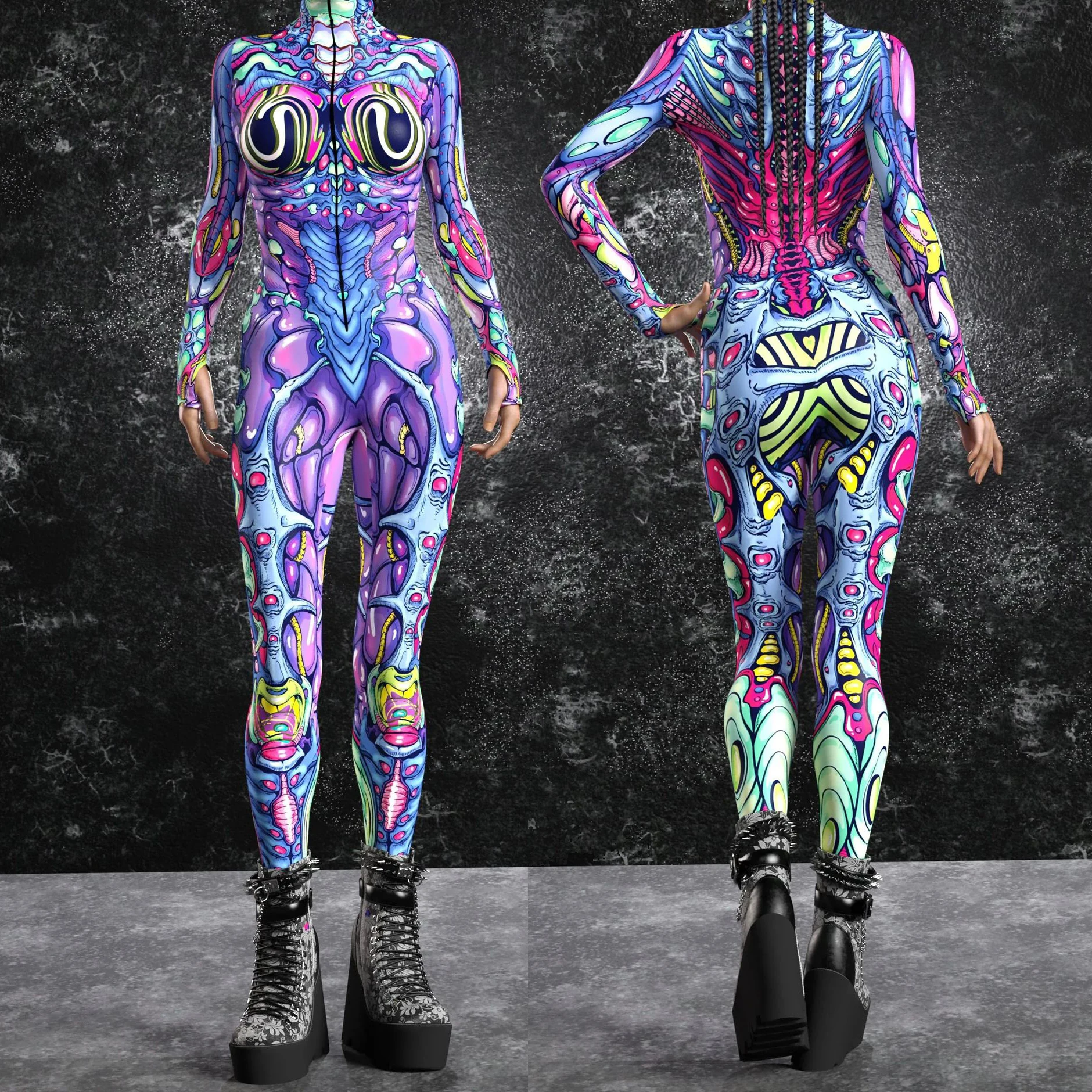 Gothic Punk Muscle Skull Jumpsuit Holiday Party Cosplay Allen Costume New Year Xmas Shows Women Bodysuit Performance Zentai