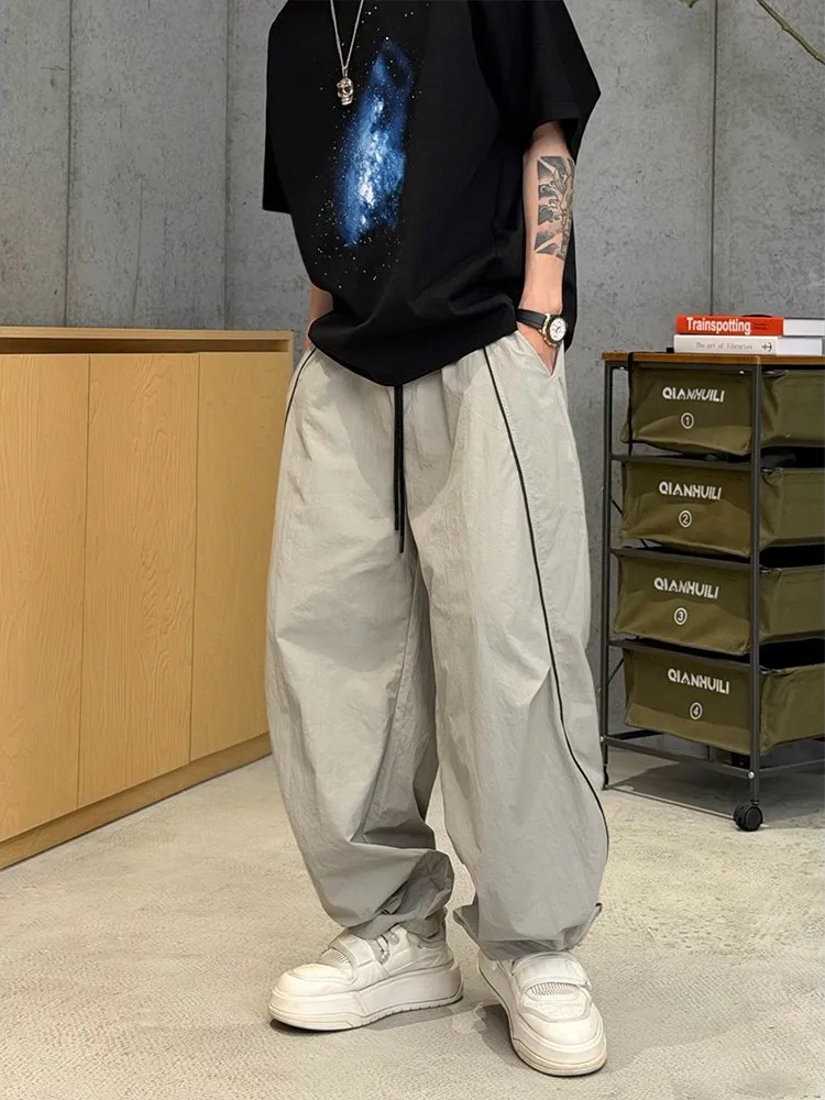 Summer New Street Style Men's Wide Leg Pants Thin Loose Knife  Pants Elastic Waist Cord Drawstring Trendy Brand Long Trou...