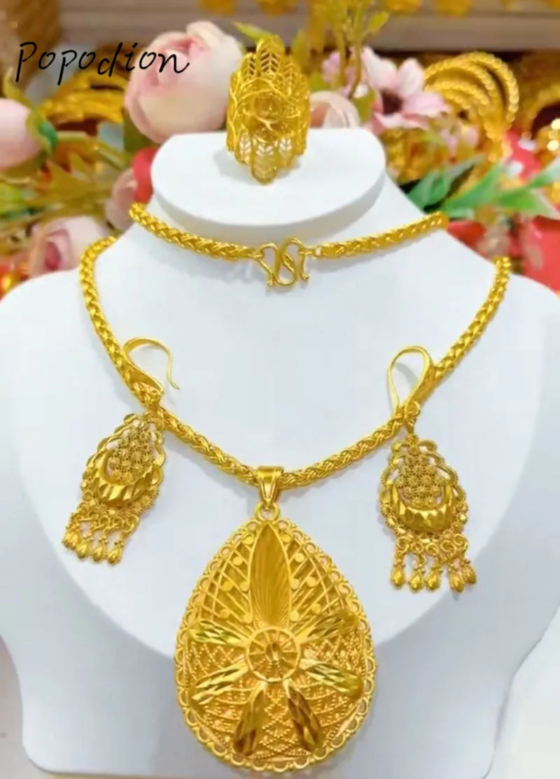 Popodion jewelry for woman New 24K Gold Plated Dubai Necklace Earrings Ring Jewelry Three Piece Set  YY10308