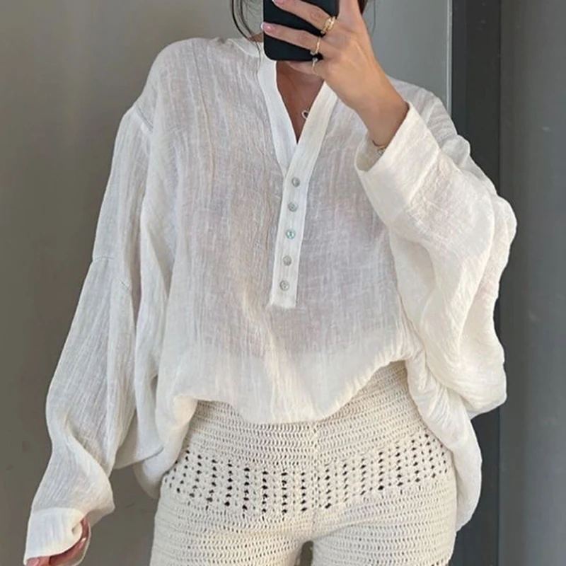 2026 Spring/Summer New Micro Transparent V-neck Half Open Button Lantern Sleeve Loose Casual Shirt
