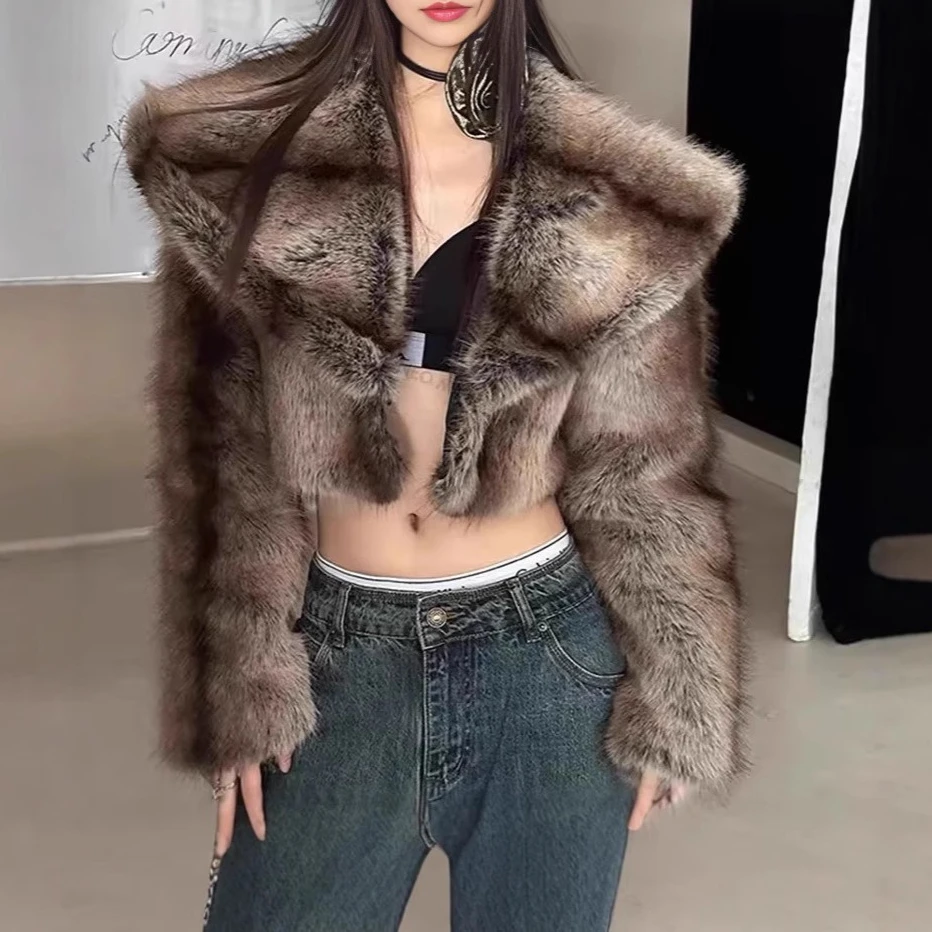 

Faux Fur Fox Women Jackets Coats Short Coat Turn Down Collar Thick Warm Y2k Streetwear Elegant Jacket Outerwear Autumn Winter