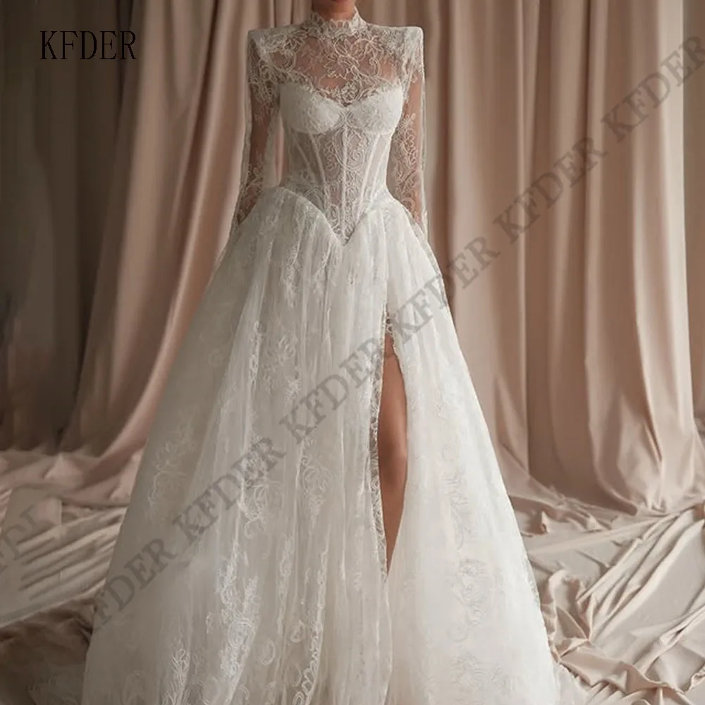 Customized High Neck Lace Wedding Dress Side Slit Full Sleeves vestidos de noche A Line robe de mariée 2026