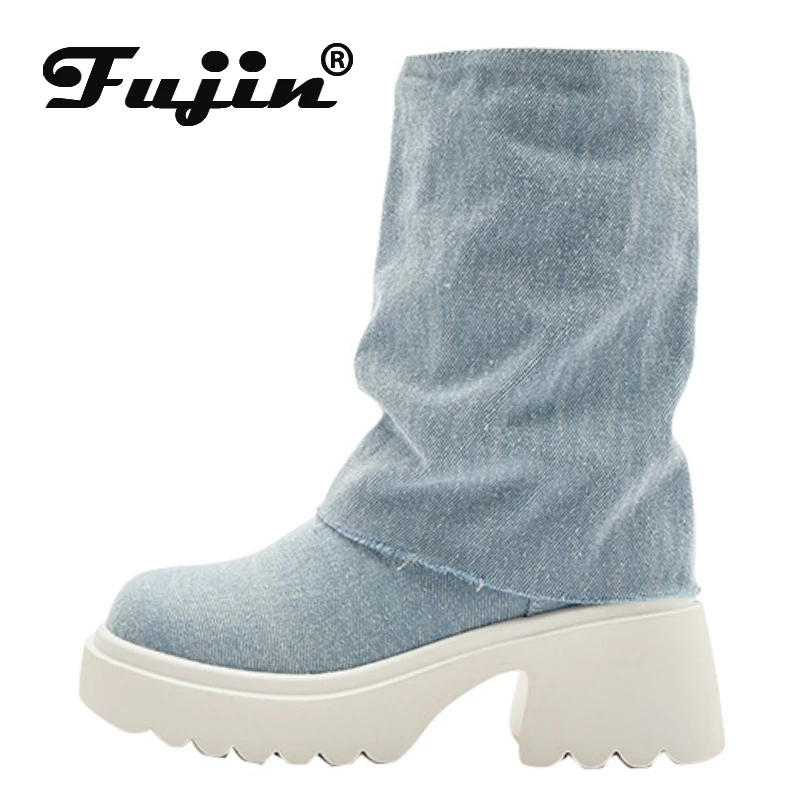 Fujin 6cm Denim Women Shoes Combat Chunky Heels Platform Wedge Chunky Sneakers Spring Autumn Ankle Booties Women Fashion Booties