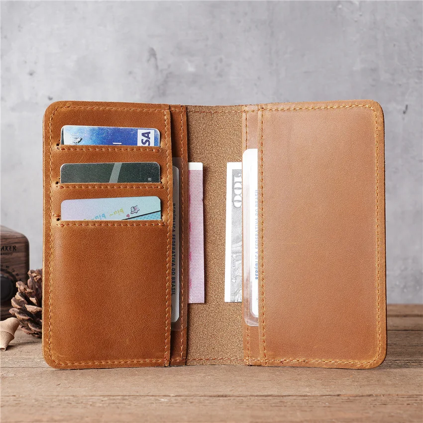 

Men Genuine Leather Wallet Credit Card Holder Vintage Long Wallet Money Clip Card Holder Purse for Man Airline Ticket Check Bag