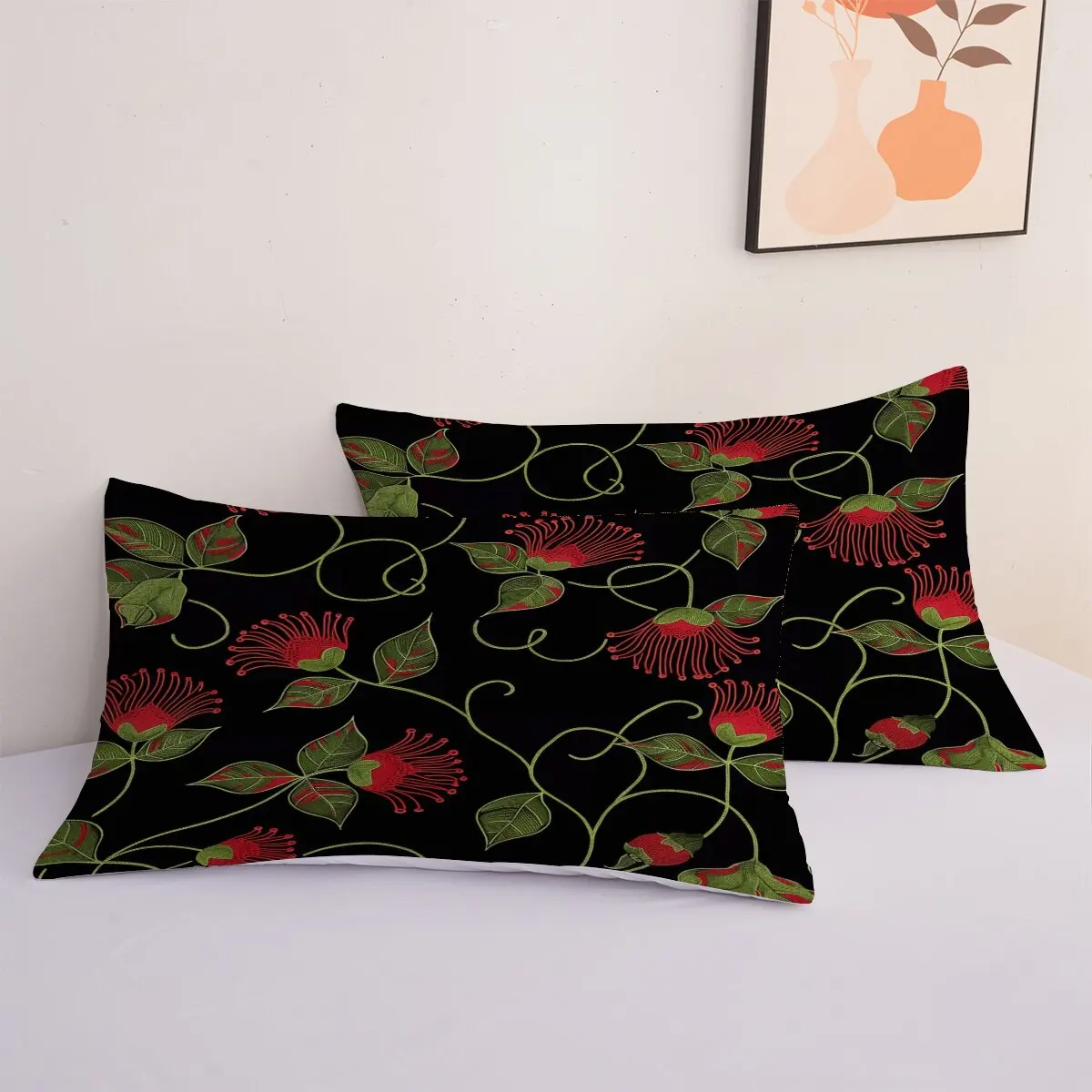 Red plant flowers  duvet cover   Green plant leaves  Printed duvet cover 3-piece set with 2 pillowcases