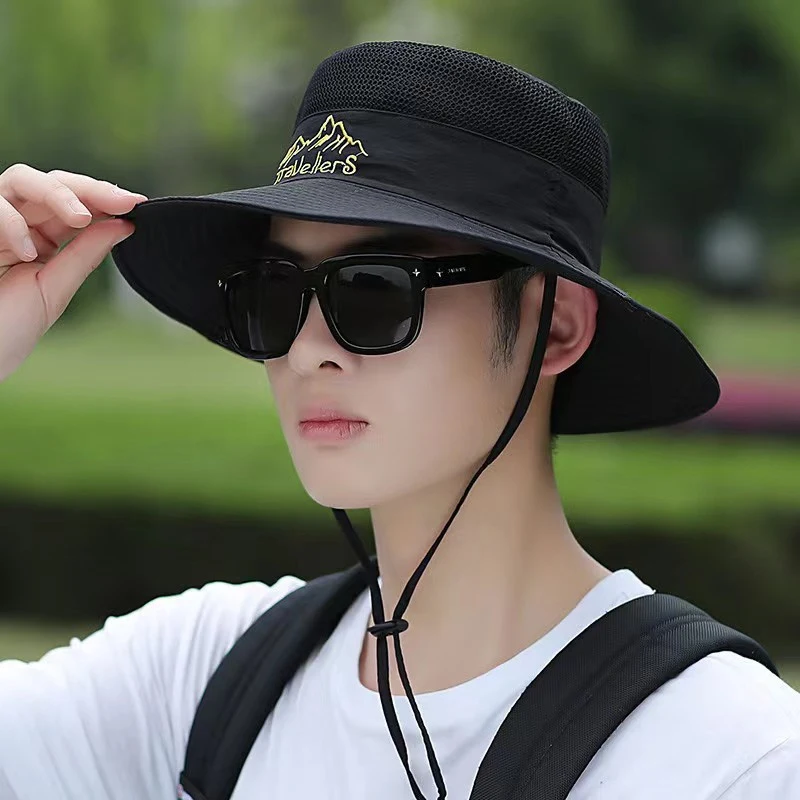 Summer Men Camping Big Brim Sun Protection Fisherman Hat Outdoor Riding Mountaineering Fish Hat Hiking Breathable Hat