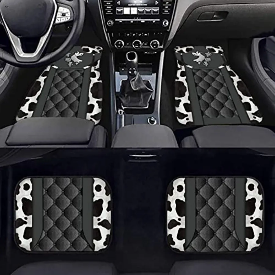 

Car foot mat set for sedan SUV van truck: silver cow print, front rear row, 4 pcs, durable rubber material, black color, non-sl