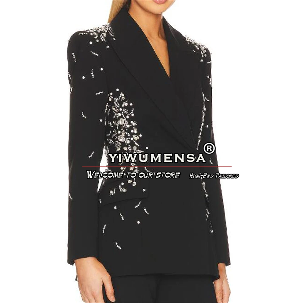 Mulheres Cristais Fato frisado, Jaqueta, Calças, Formal, Negócios, Escritório, Roupas Femininas, Smoking de Casamento, Casaco, Calças, Vestido para Mãe, 2 peças