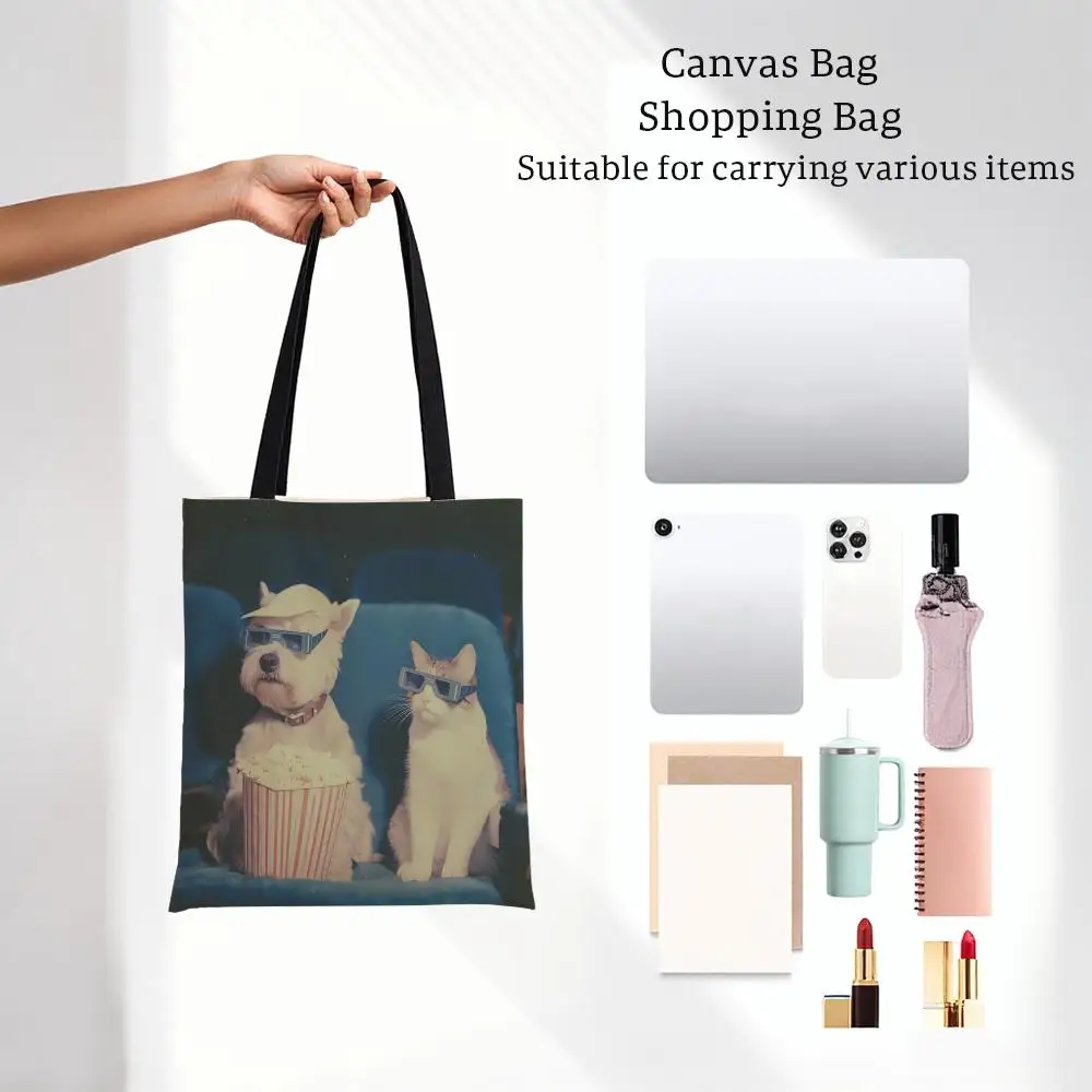 Whimsical Quirky I-Interesting Cats And Dogs Storage Bags Printed Series Shoulder Bag Portable Daily Lightweight Tote Bag