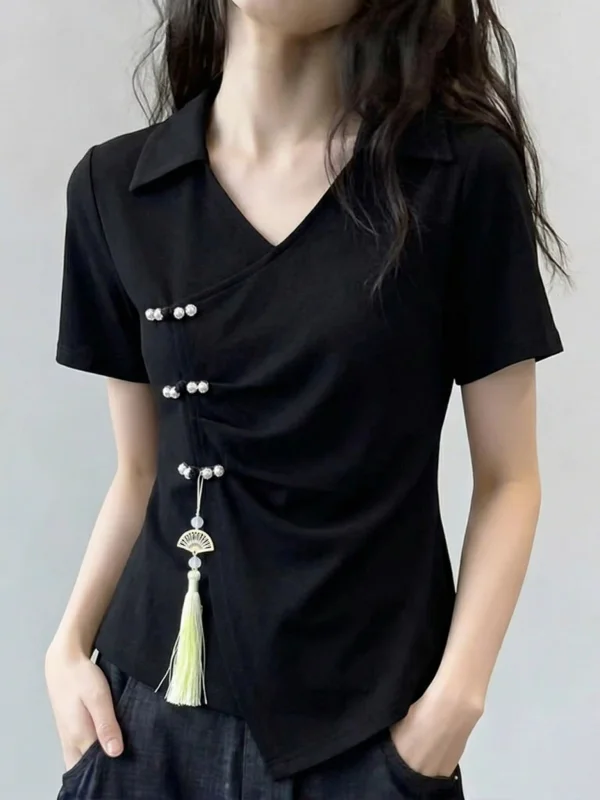 Black V-neck Short-sleeved T-shirt Women's Chinese Style Buttoned Loose Fit Summer New Style plus Size Irregular Top