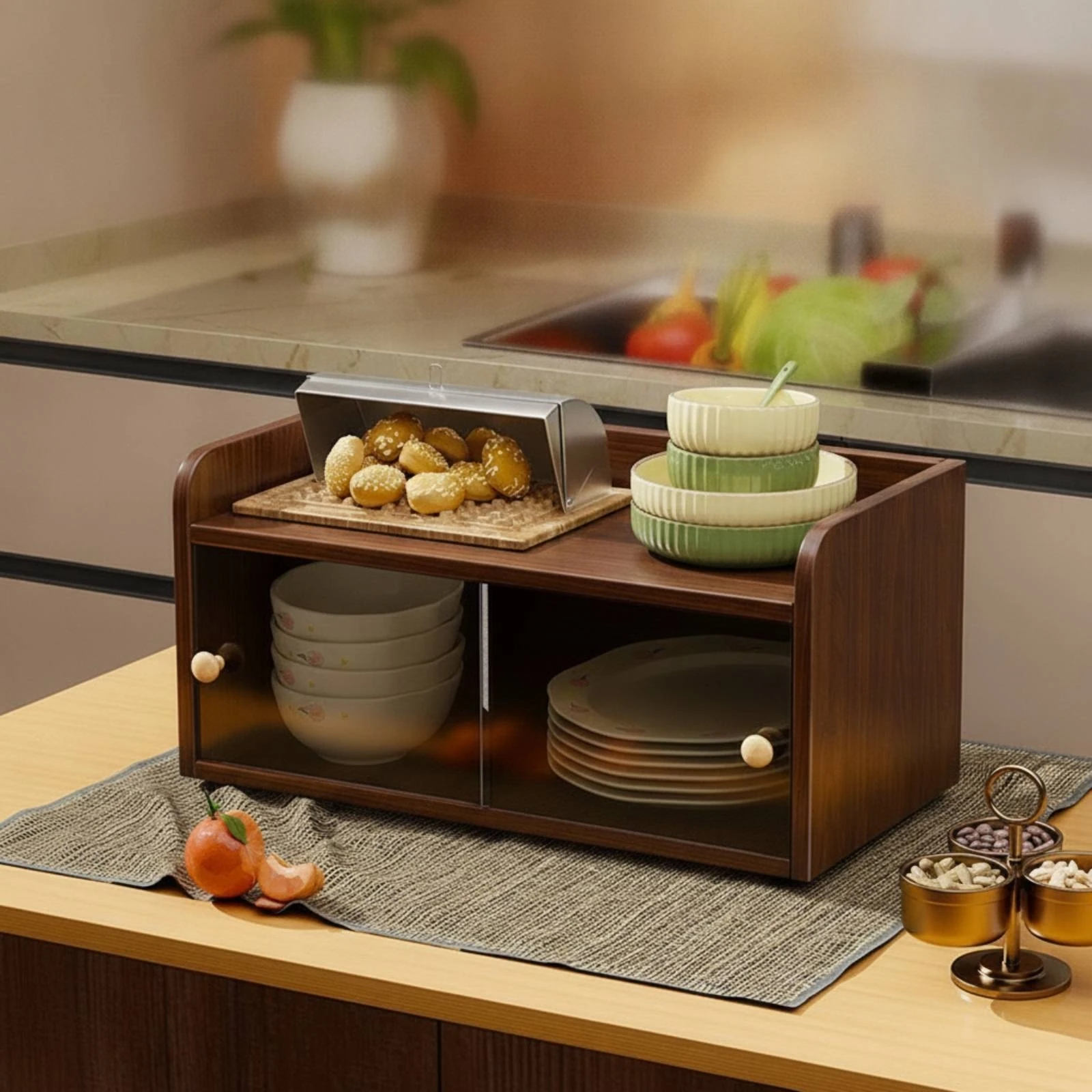 Dish Storage Organizer Walnut Wood-Look Finish Tabletop Kitchen Dishware Storage Cabinet Acrylic and MDF Tableware Cabinet