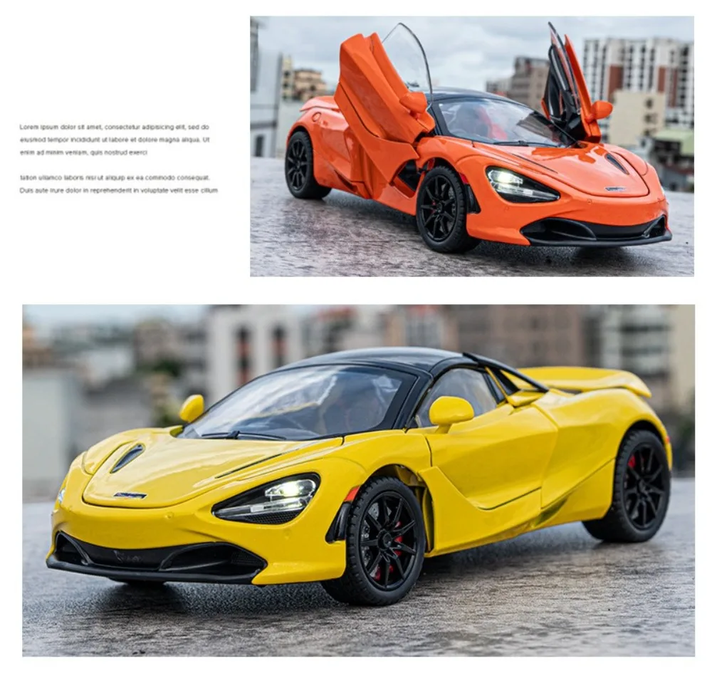 1:24 Senna GTR 720S Miniature Model Alloy Diecast Sports Car Toys Front Wheel Steering Sound Light Pull Back Boys Festival Gifts