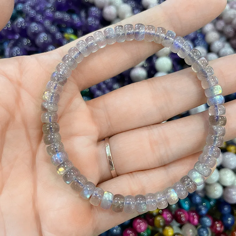 Natural Grey Moonstone Labradorite Tablet Bead Bracelet, Clean Transparent Crystal Flat Bead Stretch Worry Stone Bracelet
