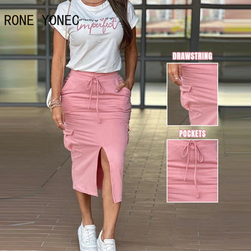 Women Letter Print Short Sleeves T-shirt & Solid Elastic Wasit Drawstring Silt Skirt Midi Skirt Sets