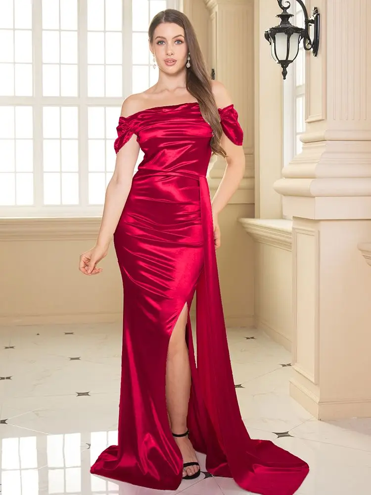 Off Shoulder Ruched  Stretch Satin Bridesmaids Dress Front Split Floor Length Bodycon Evening Night Formal Gown