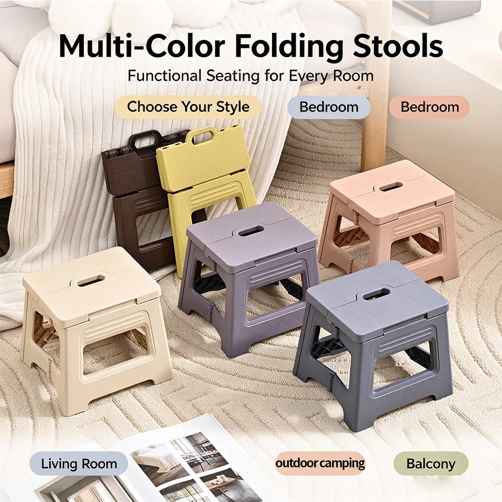 Space Saving Portable Folding Stool, Collapsible Plastic Seat with Handle, Lightweight Fold Up Stool for Outdoor Activities