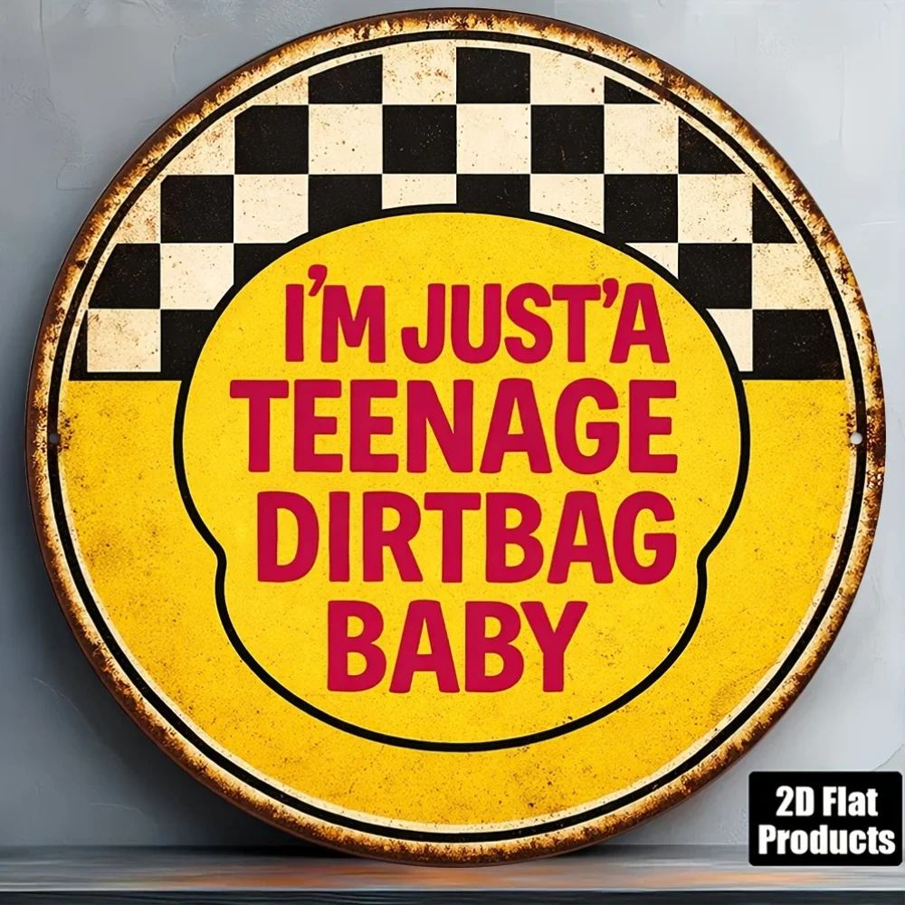 Rock Retro Round Wooden Sign 2D Flat Decorative Plaque: I'M Just a Rebellious Boy - Rock Lyric Fun Slogan, Vintage Racing Checke