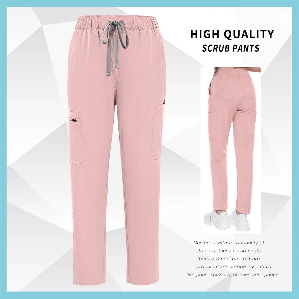 여성용 클리닉 사계절 간호사 작업복 바지 의료용 스크럽 스트레이트 팬츠 핑크 블랙 바지 신축성 있는 허리 밴드 바지
