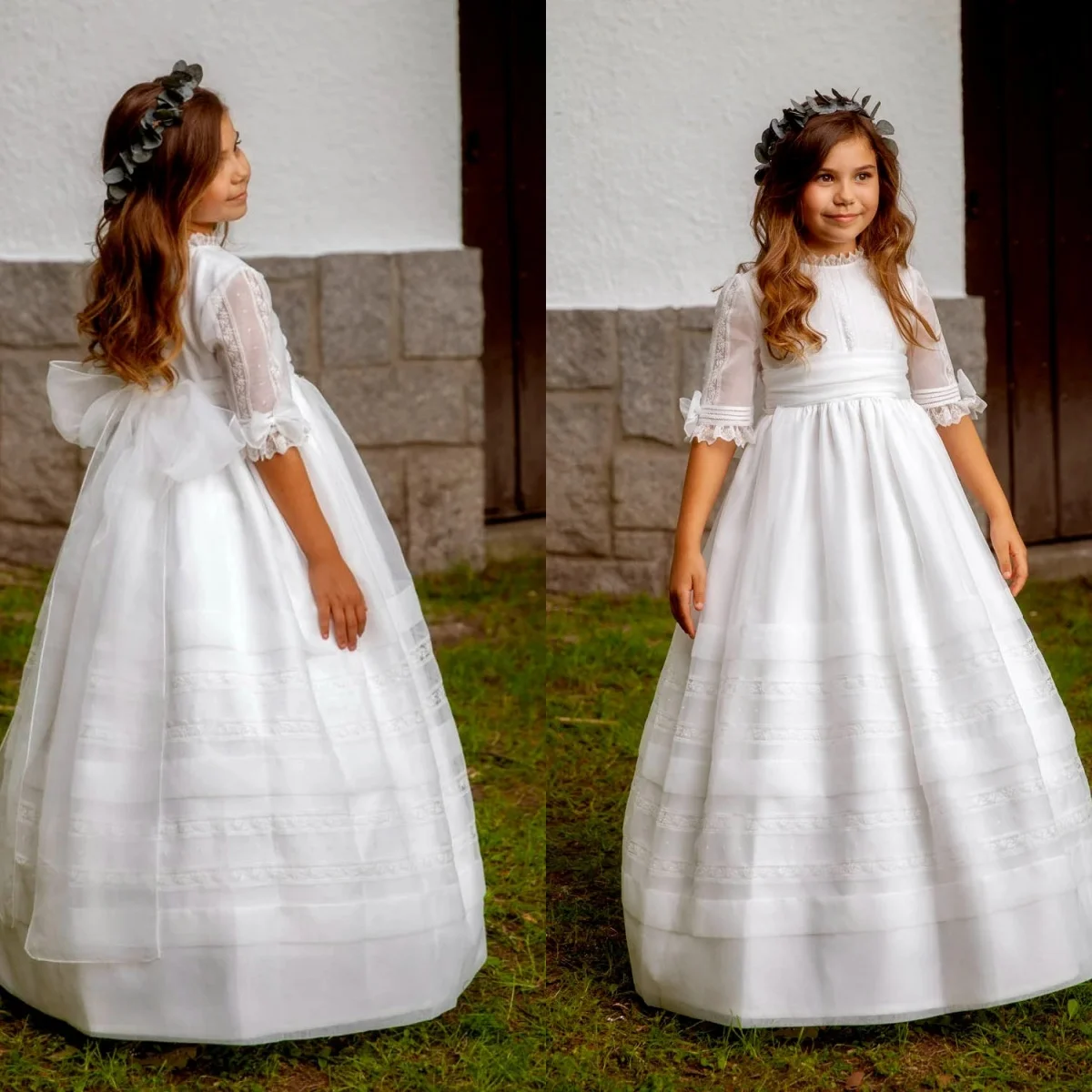 Abiti da ragazza di fiore bianchi per matrimonio con fiocchi mezze maniche Abiti da prima comunione per banchetti di compleanno per bambina personalizzati