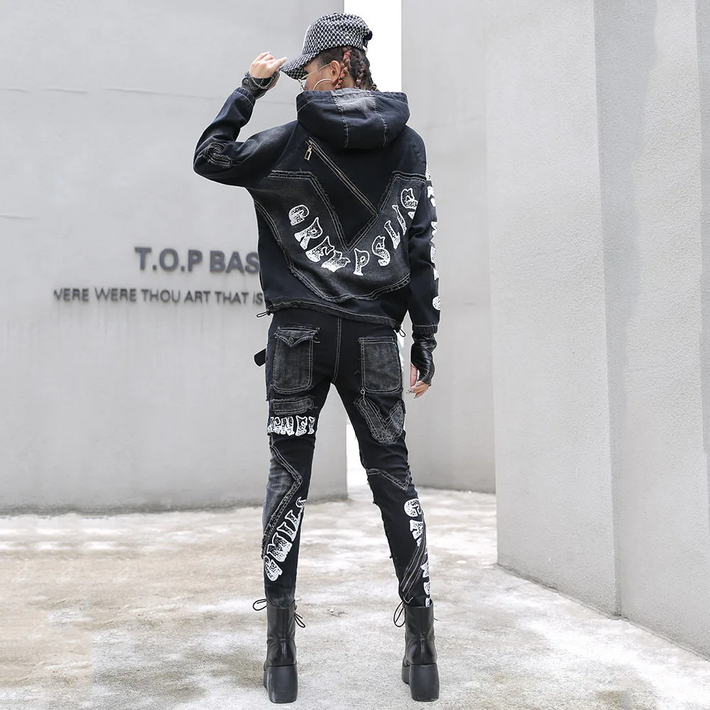 2023 New Hooded Denim Trouser Set Womens Autumn Fashion Oversize Jacket + Slim Korean Harun Jeans Patchwork Pants Two Piece Suit