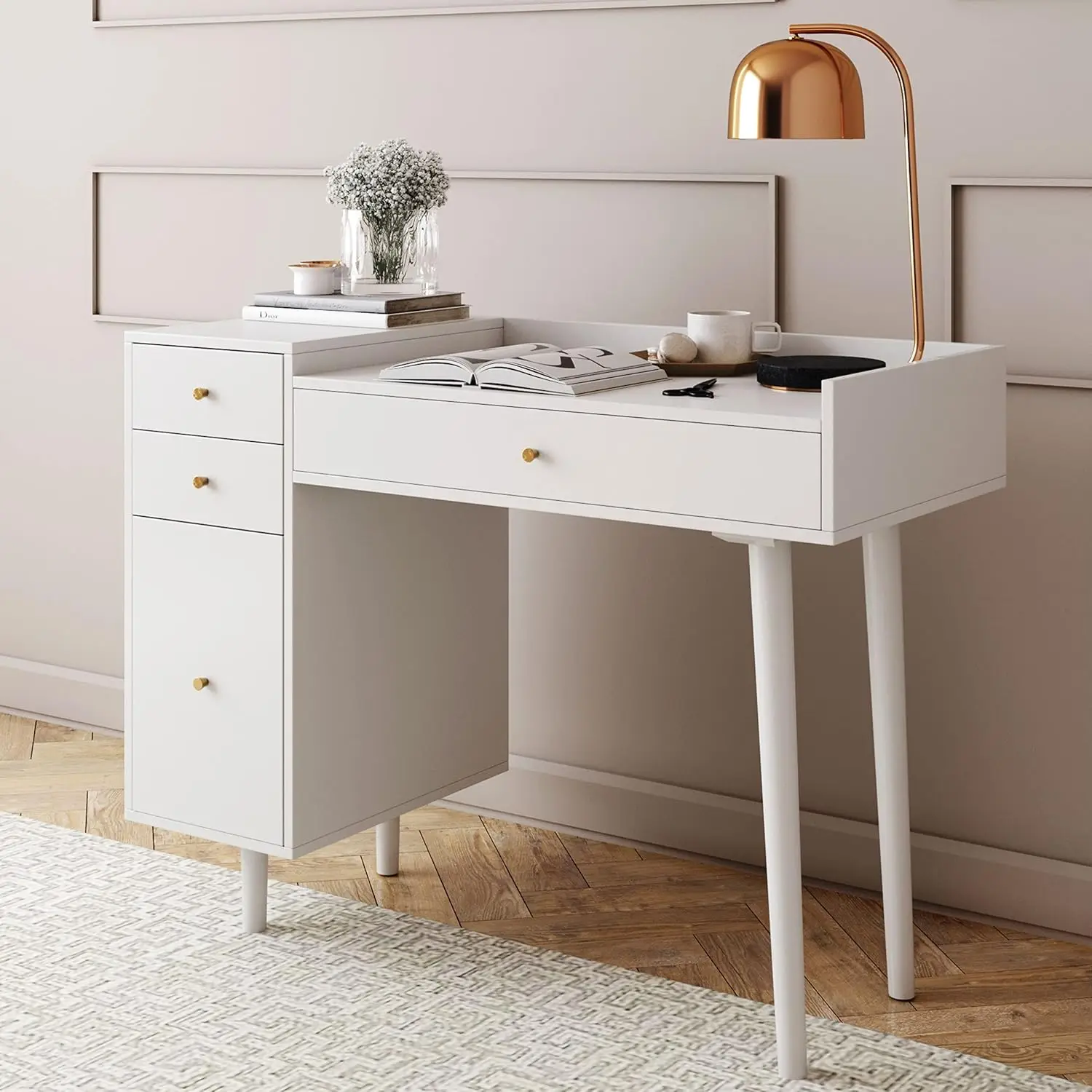 

Nathan James Daisy Vanity Dressing Table or Makeup Desk with 4-Drawers and Brass Accent Knobs, White Wood