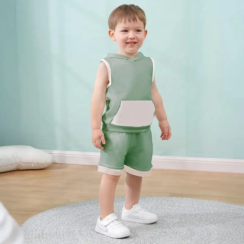 شورت صيفي للأولاد من عمر 1 إلى 4 سنوات مع سترة بغطاء للرأس للأطفال مكون من قطعتين #3