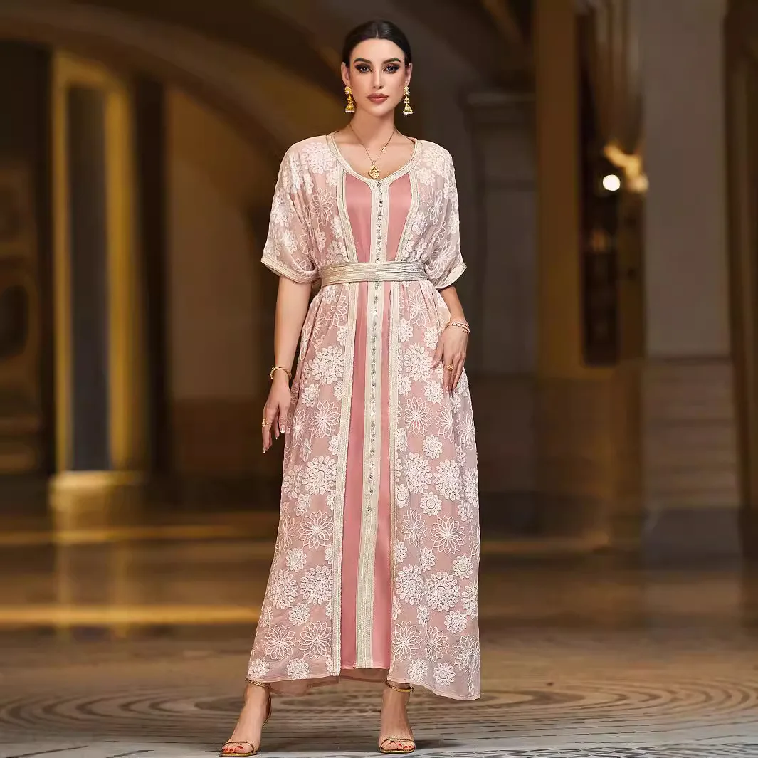 Uni-Caftan musulman marocain pour femme, manches courtes, broderie, ouvert, Abaya, robe ceinturée, faux ensemble 2 pièces, Turquie, Dubaï, Eid, Robe Maxi Ramadan