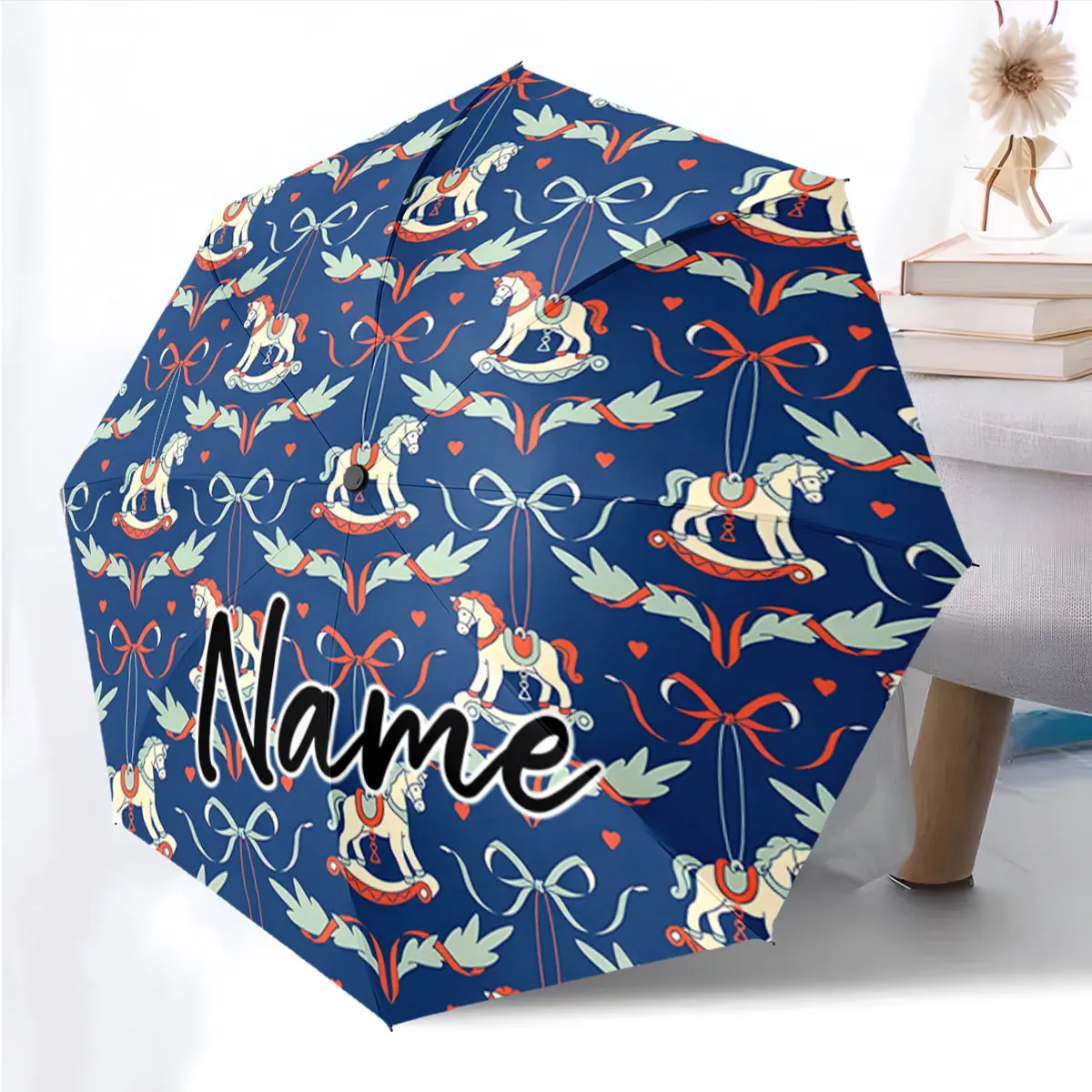 Custom Name Whimsical Carousel Horse Pattern on Blue Umbrella Design 8 Iron Ribs Folding Umbrella Auto-Open Fashion Sunshade